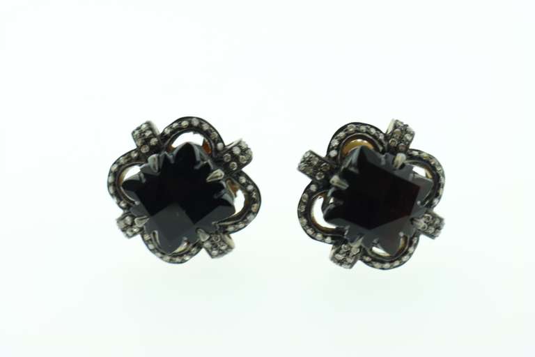 Enchanting Black Tourmaline Earrings with Gold Plated Silver and Diamond Accents