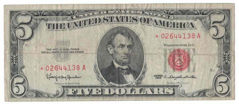 1963 Red Seal $5 Five Dollar United State Bank Note