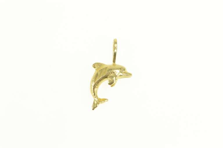 14K Yellow Gold Mini Diamond Cut Jumping Dolphin Animal Charm/Pendant