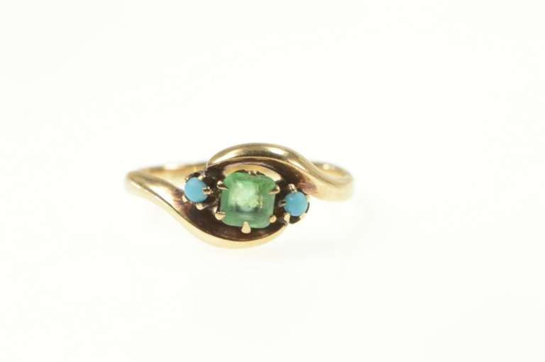 14K Yellow Gold Victorian Natural Emerald Turquoise Bypass Ring