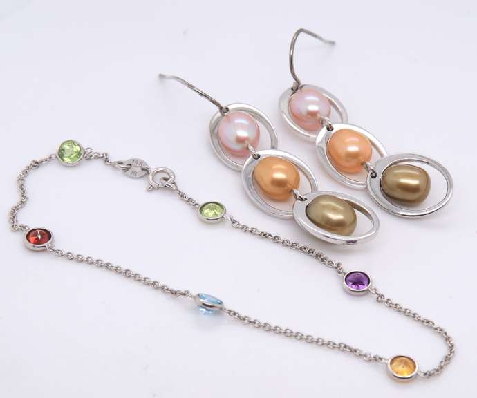 925 Sterling Silver Pearl Dangle Earrings and Multi Gemstone Bracelet