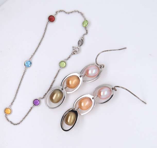 925 Sterling Silver Pearl Dangle Earrings and Multi Gemstone Bracelet