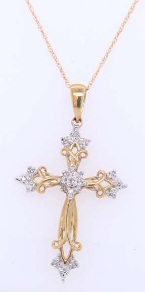 Charming Two Tone Diamond Cross Pendant on Chain