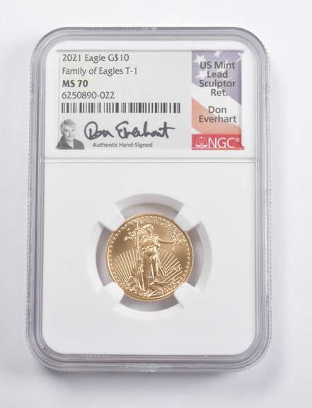 MS70 2021 $10 American 1/4 Oz .999 Gold Eagle T-1 Signed Everhart NGC