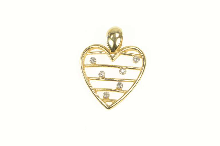 10K Yellow Gold Retro Diamond Bar Striped Heart Love Pendant