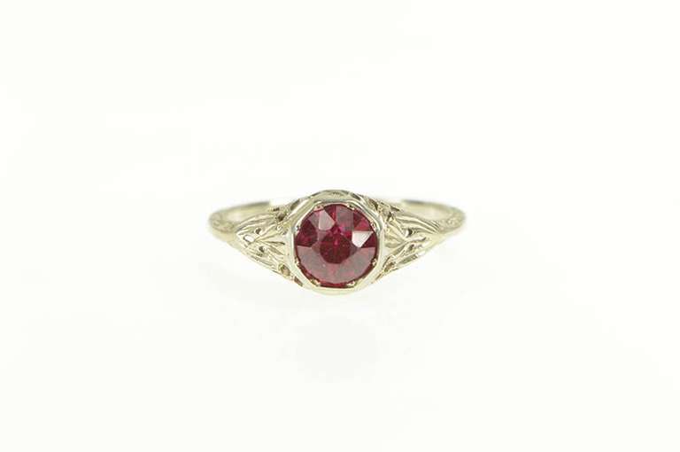18K White Gold Art Deco Filigree Sim. Ruby Ornate Engagement Ring