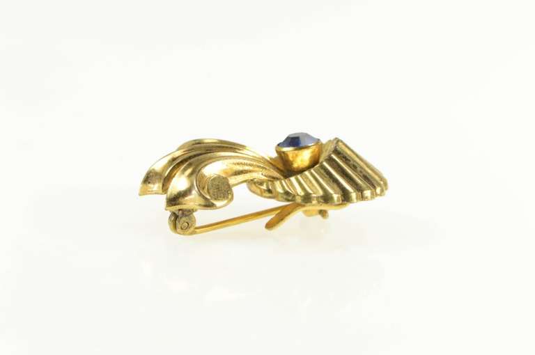 Gold Filled 1930's Syn. Sapphire Scroll Grooved Statement Pin/Brooch