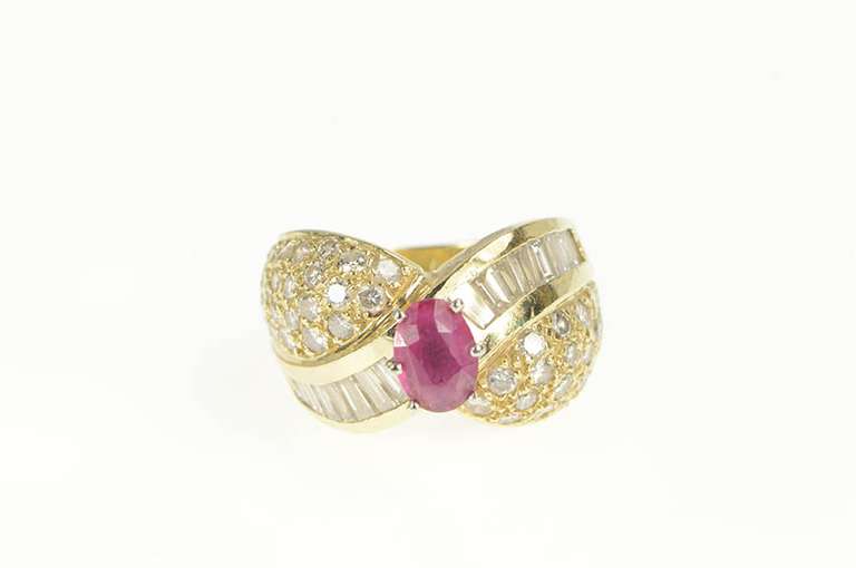 14K Yellow Gold 3.34 Ctw Natural Ruby Oval Diamond Pave Ring