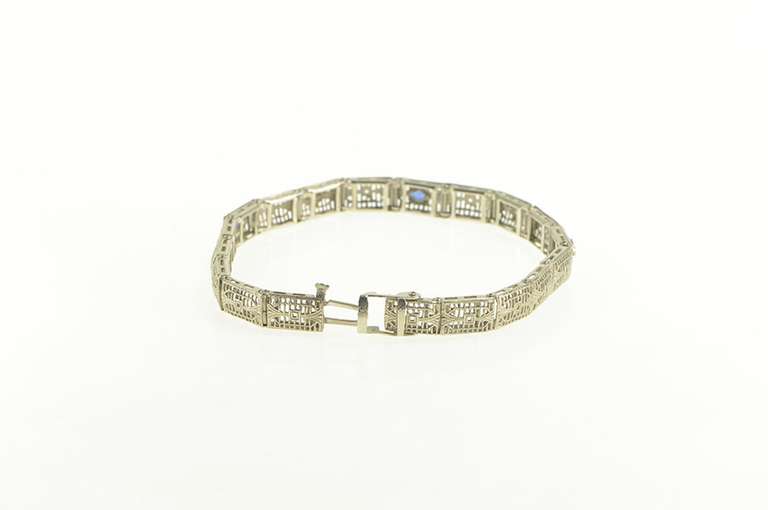 14K White Gold Art Deco Filigree Marquise Syn. Sapphire Bracelet
