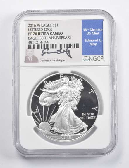 PF70 UCAM 2016-W American Silver Eagle Let. Edge Anniv Signed Moy NGC