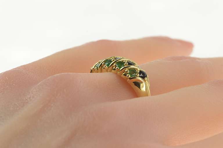 14K Yellow Gold Natural Emerald Ruby Sapphire Striped Band Ring