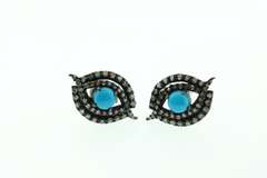 Emmaculate Dark Silver Earrings with Diamond Accents and Turquoise Colored Gemstone Center