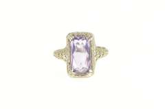 14K White Gold Art Deco Emerald Cut Amethyst Filigree Ring