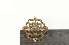 14K Yellow Gold Victorian Heart Diamond Seed Pearl Ribbon Pin/Brooch