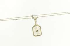 14K White Gold Art Deco Camphor Glass Filigree Diamond Necklace