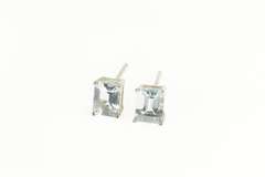 14K White Gold Emerald Cut Aquamarine Solitaire Stud Earrings