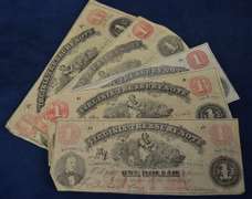 Lot Of 5 1862 Virginia Treasury Notes From A Civil War Era Hoard, Circulated.
