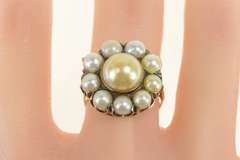 14K Yellow Gold Victorian Sim. Pearl Round Cluster Cocktail Ring