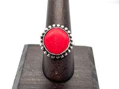 Petite Circular Red Coral Tibetan Silver Beaded Design Ring