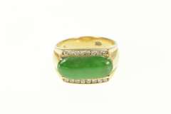 18K Yellow Gold Retro Oval Jade Diamond Accent Ornate Ring