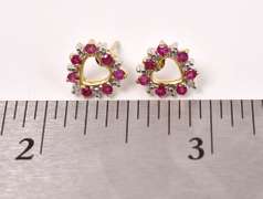 Darling Ruby and Diamond Heart Earrings in Yellow Gold