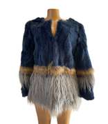 Gorgeous Fur Rabbit and Raccoon Coat Jacket in Blue, Light Brown and Gray Tones, Size L