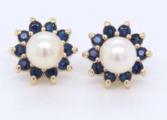 Elegant Yellow Gold Pearl Studs with Sapphire Earring Jackets