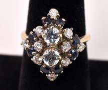 Amazing Aquamarine, Sapphire and Diamond Ring in 14K Yellow Gold