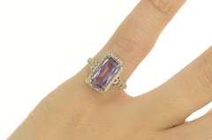 14K White Gold Art Deco Emerald Cut Amethyst Filigree Ring