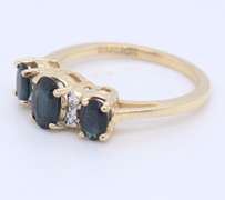 Gorgeous Yellow Gold oval Sapphire and Diamond Three Stone Ring