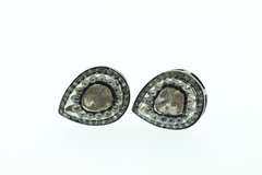 Fancy Dark Silver Mine Cut Diamond Teardrop Earrings with Diamond Accents
