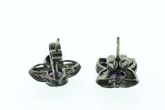 Gorgeous Dark Silver Amethyst Core Floral Earrings with Diamond Accents