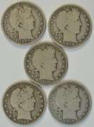 5 Assorted sharp 'O' Mint Barber Half Dollars 1907 to 1909