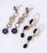 Lot of 2 Vintage 925 Sterling Silver Black Onyx and Pearl Dangle Earrings