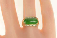 18K Yellow Gold Retro Oval Jade Diamond Accent Ornate Ring