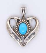 Vintage Sterling Silver Turquoise Heart Shaped Dolphin Pendant