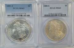 Very Choice BU 1880-S & 1881-S Morgan Silver Dollars. PCGS MS63