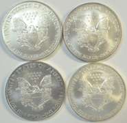 4 Diff. Superb Gem BU $1 Silver Eagle coins 2005 to 2009
