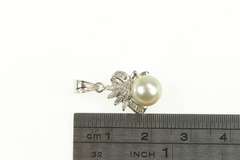 14K White Gold 1940's Pearl Diamond Cluster Statement Pendant