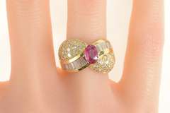 14K Yellow Gold 3.34 Ctw Natural Ruby Oval Diamond Pave Ring