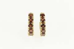 14K Yellow Gold Garnet Inset Ornate Filigree Fashion Hoop Earrings