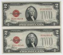 2 near Gem CU 1928-F Series $2 Red Seal Notes in sequence
