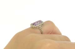 14K White Gold Art Deco Emerald Cut Amethyst Filigree Ring