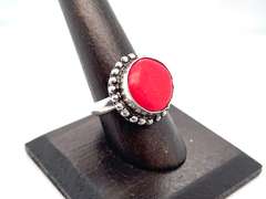 Petite Circular Red Coral Tibetan Silver Beaded Design Ring
