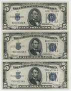 3 Crisp Uncirculated 1934 Series $5 Silver Certificates