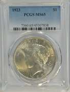 Solid lustrous Gem BU 1923 Peace Silver Dollar. PCGS MS65