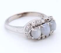 Vintage Sterling Silver Three Moon Stone and Diamond Ring