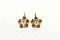 10K Yellow Gold Pearl Blossom Flower Retro Screw Back Earrings