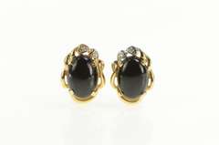 14K Yellow Gold Oval Black Onyx Diamond Ornate Lever Back Earrings