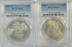 Choice BU 1883-O & 1885 Morgan Silver Dollars. PCGS MS63
